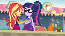 Size: 3410x1920 | Tagged: safe, screencap, golden hazel, sandalwood, sci-twi, sunset shimmer, twilight sparkle, equestria girls, equestria girls specials, g4, my little pony equestria girls: better together, my little pony equestria girls: rollercoaster of friendship, bowtie, clothes, cutie mark, cutie mark on clothes, female, geode of empathy, geode of telekinesis, glasses, high res, jacket, jewelry, leather, leather jacket, magical geodes, male, necklace, open mouth, ponytail