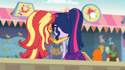 Size: 3410x1920 | Tagged: safe, screencap, golden hazel, sandalwood, sci-twi, sunset shimmer, twilight sparkle, equestria girls, equestria girls specials, g4, my little pony equestria girls: better together, my little pony equestria girls: rollercoaster of friendship, female, glasses, high res, male, ponytail