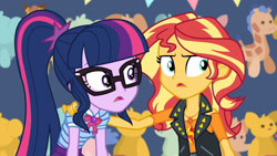 Size: 3410x1920 | Tagged: safe, screencap, sci-twi, sunset shimmer, twilight sparkle, equestria girls, equestria girls specials, g4, my little pony equestria girls: better together, my little pony equestria girls: rollercoaster of friendship, bowtie, clothes, cutie mark, cutie mark on clothes, female, geode of empathy, geode of telekinesis, glasses, high res, jacket, jewelry, leather, leather jacket, magical geodes, necklace, open mouth, ponytail