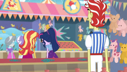 Size: 3410x1920 | Tagged: safe, screencap, diamond tiara, flim, sci-twi, silver spoon, sunset shimmer, twilight sparkle, equestria girls, equestria girls specials, g4, my little pony equestria girls: better together, my little pony equestria girls: rollercoaster of friendship, clothes, cutie mark, cutie mark on clothes, female, glasses, high res, jacket, leather, leather jacket, male, ponytail