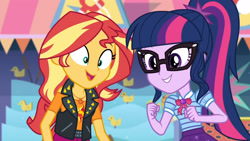 Size: 3410x1920 | Tagged: safe, screencap, sci-twi, sunset shimmer, twilight sparkle, equestria girls, equestria girls specials, g4, my little pony equestria girls: better together, my little pony equestria girls: rollercoaster of friendship, bowtie, clothes, cutie mark, cutie mark on clothes, female, geode of empathy, geode of telekinesis, glasses, high res, jacket, jewelry, leather, leather jacket, magical geodes, necklace, open mouth, ponytail, smiling