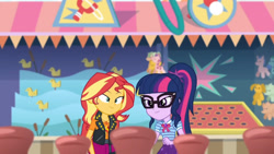 Size: 3410x1920 | Tagged: safe, screencap, sci-twi, sunset shimmer, twilight sparkle, equestria girls, equestria girls specials, g4, my little pony equestria girls: better together, my little pony equestria girls: rollercoaster of friendship, bowtie, clothes, cutie mark, cutie mark on clothes, duo, duo female, female, geode of empathy, geode of telekinesis, glasses, high res, jacket, jewelry, leather, leather jacket, magical geodes, necklace, ponytail, smiling