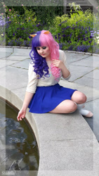 Size: 1152x2048 | Tagged: safe, artist:shadeila, bon bon, sweetie drops, human, g4, 2016, clothes, cosplay, costume, irl, irl human, photo, sitting