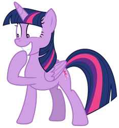 Size: 1756x1878 | Tagged: safe, artist:sketchmcreations, twilight sparkle, alicorn, pony, sparkle's seven, excited, female, folded wings, full body, grin, hoof over mouth, horn, mare, multicolored mane, multicolored tail, raised hoof, shrunken pupils, simple background, smiling, solo, standing, tail, transparent background, twilight sparkle (alicorn), vector, wings