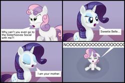 Size: 3000x2000 | Tagged: safe, artist:candy meow, rarity, sweetie belle, pony, unicorn, g4, big no, carousel boutique, comic, darth vader, digital art, duo, duo female, eyes closed, eyeshadow, female, filly, foal, high res, horn, i am your father, luke skywalker, makeup, mane, mare, open mouth, reference, sitting, standing, star wars, star wars: the empire strikes back, tail, two toned mane, two toned tail