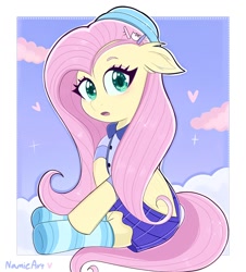Size: 1440x1594 | Tagged: safe, artist:namieart, fluttershy, pegasus, pony, g4, :o, clothes, cute, female, hat, looking at you, mare, open mouth, shyabetes, socks, solo, striped socks