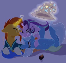 Size: 2048x1955 | Tagged: safe, artist:waanlix, starlight glimmer, sunburst, trixie, pony, unicorn, g4, bisexual, cloak, clothes, cuddling, eyes closed, female, floppy ears, glasses, hat, heart, jewelry, lesbian, lying down, magic, male, on back, pillow, polyamory, ring, ring box, ship:starburst, ship:startrix, ship:startrixburst, ship:trixburst, shipping, smiling, squishy cheeks, straight, sunburst's cloak, sunburst's glasses, telekinesis, tongue out, trixie's hat