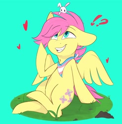 Size: 2018x2048 | Tagged: safe, artist:waanlix, angel bunny, fluttershy, pegasus, pony, g4, alternate hairstyle, exclamation point, fangs, floppy ears, gender headcanon, high res, interrobang, kerchief, male, pride, pride flag, question mark, smiling, trans fluttershy, trans male, transgender, transgender pride flag