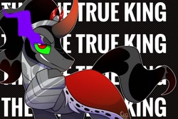 Size: 1200x805 | Tagged: safe, artist:wutanimations, king sombra, pony, unicorn, g4, armor, cape, clothes, eye mist, male, obscured text, raised hoof, solo, stallion