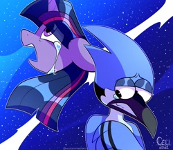Size: 2487x2160 | Tagged: safe, artist:wutanimations, twilight sparkle, ambiguous race, bird, pony, g4, crossover, crossover shipping, crying, eye clipping through hair, female, high res, male, meme, mordecai, mordetwi, night, regular show, shipping, stars, straight