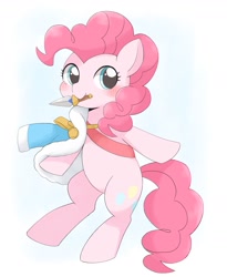 Size: 1503x1837 | Tagged: dead source, safe, artist:ginmaruxx, pinkie pie, earth pony, pony, g4, bipedal, blushing, clothes, cute, dagger, diapinkes, female, mare, mouth hold, simple background, solo, weapon, white background