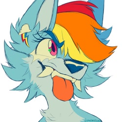 Size: 2000x2000 | Tagged: safe, artist:wutanimations, part of a set, rainbow dash, wolf, g4, alternative cutie mark placement, bust, cheek fluff, chest fluff, ear fluff, fangs, fluffy, furry, high res, simple background, smiling, solo, species swap, teeth, tongue out, white background, wolf dash, wolfified