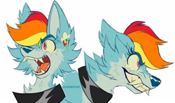Size: 3644x2160 | Tagged: safe, artist:wutanimations, part of a set, rainbow dash, wolf, alternative cutie mark placement, bust, cheek fluff, chest fluff, collar, ear fluff, fangs, fluffy, high res, open mouth, profile, simple background, solo, species swap, three quarter view, white background, wolf dash, wolfified