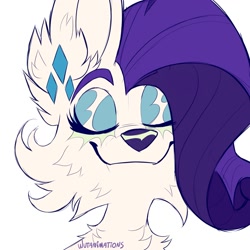 Size: 2000x2000 | Tagged: safe, artist:wutanimations, part of a set, rarity, pony, wolf, alternative cutie mark placement, bust, cheek fluff, chest fluff, ear fluff, eyes closed, eyeshadow, fluffy, high res, makeup, simple background, smiling, solo, species swap, white background, wolfified, wolfity