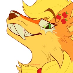 Size: 2000x2000 | Tagged: safe, artist:wutanimations, part of a set, applejack, wolf, alternative cutie mark placement, bust, cheek fluff, chest fluff, ear fluff, fangs, fluffy, grin, high res, profile, simple background, smiling, solo, species swap, toothy grin, white background, wolfified, wolfjack