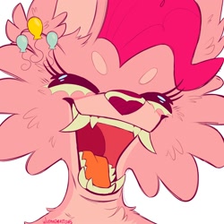 Size: 2000x2000 | Tagged: safe, artist:wutanimations, part of a set, pinkie pie, wolf, alternative cutie mark placement, beanbrows, bust, cheek fluff, chest fluff, ear fluff, eyebrows, eyes closed, fangs, fluffy, high res, open mouth, open smile, pinkie wolf, simple background, smiling, solo, species swap, white background, wolfified