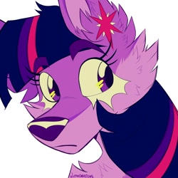 Size: 2000x2000 | Tagged: safe, artist:wutanimations, part of a set, twilight sparkle, wolf, alternative cutie mark placement, bust, cheek fluff, chest fluff, ear fluff, eyebrows, eyebrows visible through hair, fluffy, high res, simple background, solo, species swap, twiwolf, white background, wolfified