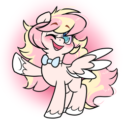Size: 1000x1000 | Tagged: safe, artist:paperbagpony, oc, oc only, oc:ninny, pegasus, pony, blushing, bowtie, cute, looking at you, ocbetes, one eye closed, pegasus oc, smiling, spread wings, unshorn fetlocks, wings, wink