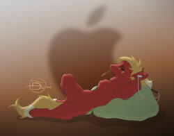 Size: 1200x943 | Tagged: safe, artist:sherwood, big macintosh, earth pony, semi-anthro, g4, apple (company), arm behind head, arm hooves, lidded eyes, lying down, male, music player, on back, solo, stallion, straw in mouth