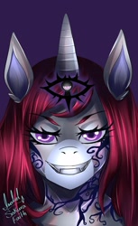 Size: 1961x3199 | Tagged: safe, artist:sakurafaith, oc, oc only, oc:selune darkeye, unicorn, anthro, anthro oc, body markings, commission, corrupted, cracks, cutie mark, evil, evil grin, grin, headshot commission, mealy mouth (coat marking), scared, smiling, solo, story included