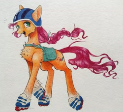 Size: 2048x1869 | Tagged: safe, artist:rover, artist:rrrover, sunny starscout, earth pony, pony, g5, helmet, roller skates, solo, traditional art