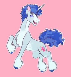 Size: 1200x1300 | Tagged: safe, artist:eeelt, party favor, pony, unicorn, g4, chest fluff, horn, male, open mouth, open smile, pink background, simple background, smiling, solo, stallion, unshorn fetlocks