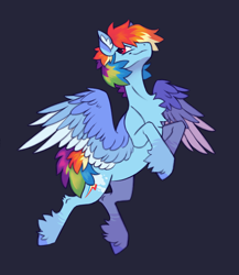 Size: 1300x1500 | Tagged: safe, artist:eeelt, rainbow dash, pegasus, pony, g4, alternate design, chest fluff, colored wings, dark background, female, mare, simple background, smiling, smirk, solo, spread wings, wings