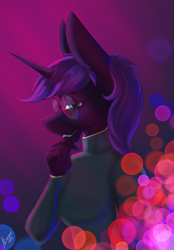 Size: 1640x2360 | Tagged: safe, artist:stirren, oc, oc only, oc:cinder spark, unicorn, anthro, abstract background, female, glasses, looking at you, smug, solo, wetsuit