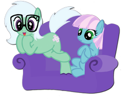 Size: 2676x2241 | Tagged: safe, artist:telasra, oc, oc only, earth pony, pony, couch, duo, earth pony oc, eyelashes, glasses, high res, simple background, sitting, smiling, transparent background