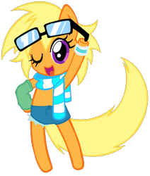 Size: 1993x2348 | Tagged: safe, artist:telasra, oc, oc only, earth pony, semi-anthro, arm hooves, clothes, earth pony oc, glasses, one eye closed, scarf, shorts, simple background, smiling, solo, transparent background, wink