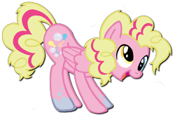Size: 2464x1625 | Tagged: safe, artist:telasra, derpy hooves, pinkie pie, pegasus, pony, g4, fusion, fusion:derpy hooves, heterochromia, open mouth, simple background, smiling, solo, transparent background, wings