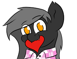 Size: 1100x845 | Tagged: safe, artist:tranzmuteproductions, oc, oc only, oc:tranzmute, bat pony, pony, bat pony oc, bust, clothes, heart, male, mouth hold, simple background, smiling, stallion, transparent background