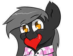 Size: 1100x845 | Tagged: safe, alternate version, artist:tranzmuteproductions, oc, oc only, oc:tranzmute, bat pony, pony, bat pony oc, blushing, bust, clothes, heart, male, mouth hold, simple background, smiling, stallion, transparent background