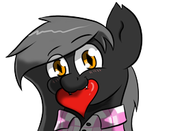 Size: 1100x845 | Tagged: safe, alternate version, artist:tranzmuteproductions, oc, oc only, oc:tranzmute, bat pony, pony, bat pony oc, bust, clothes, heart, male, mouth hold, simple background, smiling, stallion, transparent background