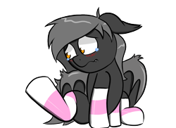 Size: 1100x800 | Tagged: safe, alternate version, artist:tranzmuteproductions, oc, oc only, oc:tranzmute, bat pony, pony, bat pony oc, blushing, clothes, crying, heart, male, simple background, sitting, socks, solo, stallion, striped socks, teary eyes, transparent background