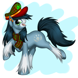 Size: 750x750 | Tagged: safe, artist:dedonnerwolke, oc, oc only, oc:mad munchkin, earth pony, pony, abstract background, clothes, ear piercing, earring, female, hat, jewelry, mare, piercing, scarf, smiling, solo, unshorn fetlocks