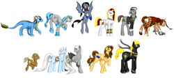 Size: 4476x2000 | Tagged: safe, artist:dedonnerwolke, oc, oc only, bat pony, dracony, dragon, earth pony, hybrid, pony, bat pony oc, bat wings, earth pony oc, group, simple background, white background, wings