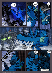 Size: 2480x3508 | Tagged: safe, artist:dsana, oc, oc only, oc:lullaby dusk, pegasus, pony, timber wolf, comic:a storm's lullaby, bandage, comic, crying, eyes closed, female, fight, flying, glowing, glowing eyes, high res, injured, scared, solo, speech bubble, spread wings, teary eyes, tree, underhoof, wings