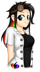 Size: 700x1250 | Tagged: safe, artist:dedonnerwolke, oc, oc only, oc:lightning bliss, human, bust, clothes, female, goggles, humanized, multicolored hair, rainbow hair, simple background, solo, white background