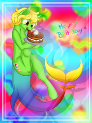 Size: 718x961 | Tagged: safe, artist:dedonnerwolke, oc, oc only, original species, pony, shark, shark pony, abstract background, cake, food, happy birthday, smiling