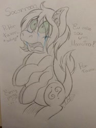 Size: 720x960 | Tagged: safe, artist:milledpurple, oc, oc only, earth pony, pony, crying, ear fluff, earth pony oc, lineart, multiple limbs, open mouth, partial color, solo, talking, traditional art