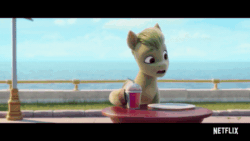 Size: 800x450 | Tagged: safe, edit, edited screencap, screencap, sprout cloverleaf, earth pony, pony, g5, my little pony: a new generation, spoiler:my little pony: a new generation, animated, background pony, disgusting, drink, eyebrows, eyes closed, floppy ears, food, gif, green eyes, hoof hold, male, netflix logo, outdoors, plate, reversed, sniffing, stallion, standing, table, tail, unshorn fetlocks, vomit, vomiting