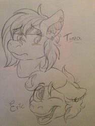 Size: 720x960 | Tagged: safe, artist:milledpurple, oc, oc only, earth pony, pony, duo, ear fluff, lineart, one eye closed, open mouth, smiling, traditional art, wink