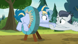Size: 400x225 | Tagged: safe, edit, edited screencap, screencap, rumble, skeedaddle, pegasus, pony, unicorn, g4, marks and recreation, season 7, animated, buttstuck, cartoon physics, colt, duo, duo male, edited gif, frown, gif, grin, looking at each other, male, nervous, nervous smile, pulling, smiling, stuck, target