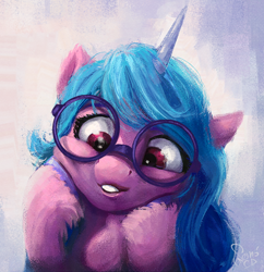 Size: 1200x1240 | Tagged: safe, artist:nemo2d, izzy moonbow, pony, unicorn, g5, my little pony: a new generation, spoiler:my little pony: a new generation, bust, cute, female, glasses, hooves on cheeks, izzybetes, looking down, mare, open mouth, portrait, round glasses, solo, squishy cheeks, unshorn fetlocks