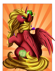 Size: 2850x3709 | Tagged: safe, artist:pridark, big macintosh, alicorn, pony, g4, alicornified, apple, bigmacicorn, crown, food, high res, horse collar, jewelry, looking at you, male, missing freckles, princess big mac, race swap, regalia, sitting, smiling, smiling at you, solo, spread wings, stallion, wings