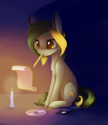 Size: 1242x1430 | Tagged: safe, artist:dusthiel, oc, oc only, oc:dust wind, earth pony, pony, candle, cd, floppy disk, male, mouth hold, paper, pencil, ponytober, solo, stallion