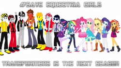 Size: 1920x1080 | Tagged: safe, artist:robertsonskywa1, edit, applejack, fluttershy, pinkie pie, rainbow dash, rarity, sci-twi, sunset shimmer, twilight sparkle, human, equestria girls, g4, my little pony equestria girls: better together, bumblebee (transformers), clothes, eqg promo pose set, glasses, hashtag, holomatter avatar, humane five, humane seven, humane six, humanized, ironhide, op can't let go, rodimus, save equestria girls, sideswipe, sunstreaker, text, transformers, wheeljack