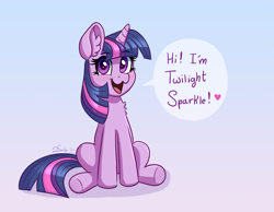 Size: 3594x2784 | Tagged: safe, artist:dandy, twilight sparkle, pony, unicorn, g4, :3, accurate, chest fluff, cute, female, gradient background, heart, high res, looking at you, open mouth, ponytober, sitting, solo, speech bubble, text, twiabetes, twilight cat, unicorn twilight