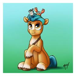 Size: 3200x3200 | Tagged: safe, artist:supermoix, hitch trailblazer, kenneth, mcsnips-a-lot, bird, crab, earth pony, pony, seagull, g5, my little pony: a new generation, spoiler:my little pony: a new generation, critter magnet, cute, digital art, high res, hitchbetes, looking up, male, pet, simple background, solo, stallion